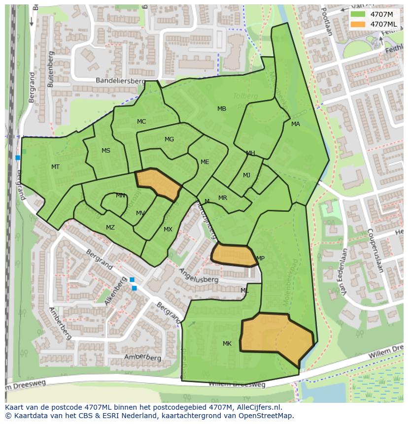 Afbeelding van het postcodegebied 4707 ML op de kaart.