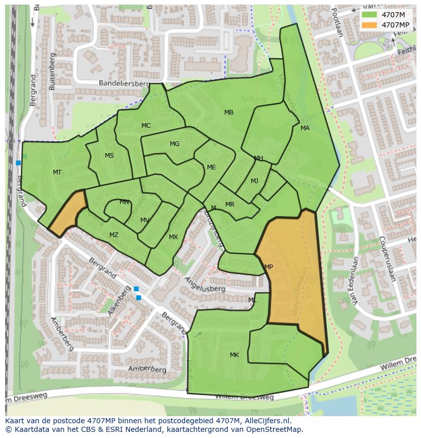 Afbeelding van het postcodegebied 4707 MP op de kaart.