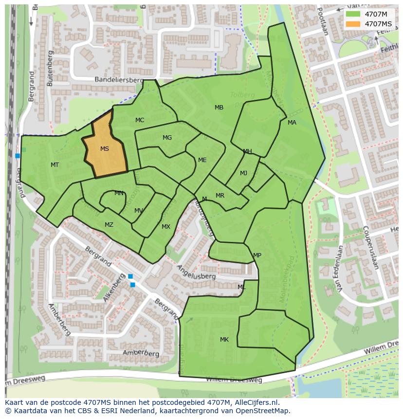 Afbeelding van het postcodegebied 4707 MS op de kaart.