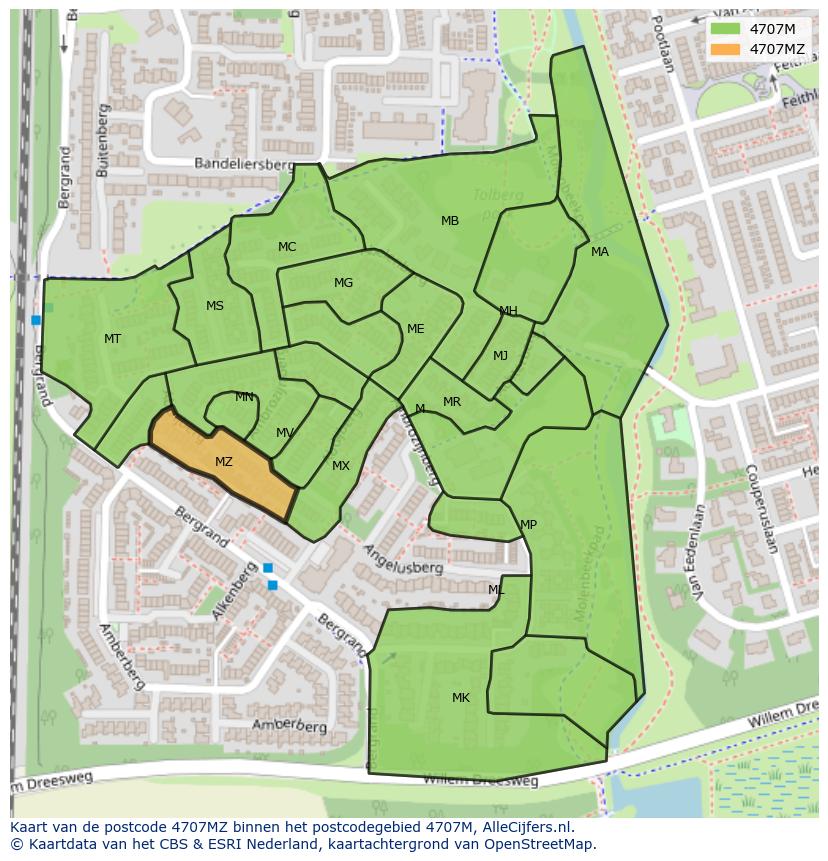 Afbeelding van het postcodegebied 4707 MZ op de kaart.