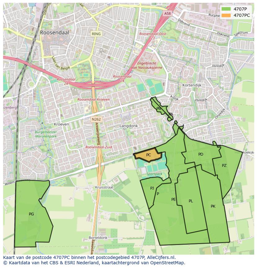 Afbeelding van het postcodegebied 4707 PC op de kaart.