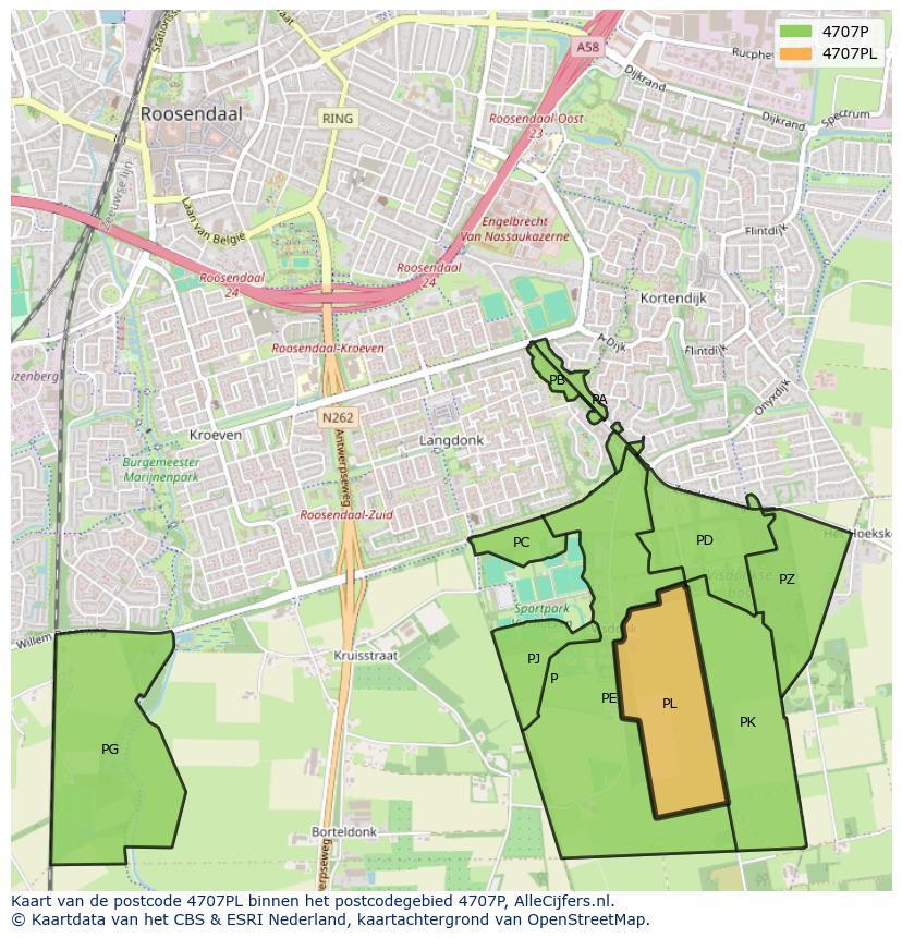 Afbeelding van het postcodegebied 4707 PL op de kaart.
