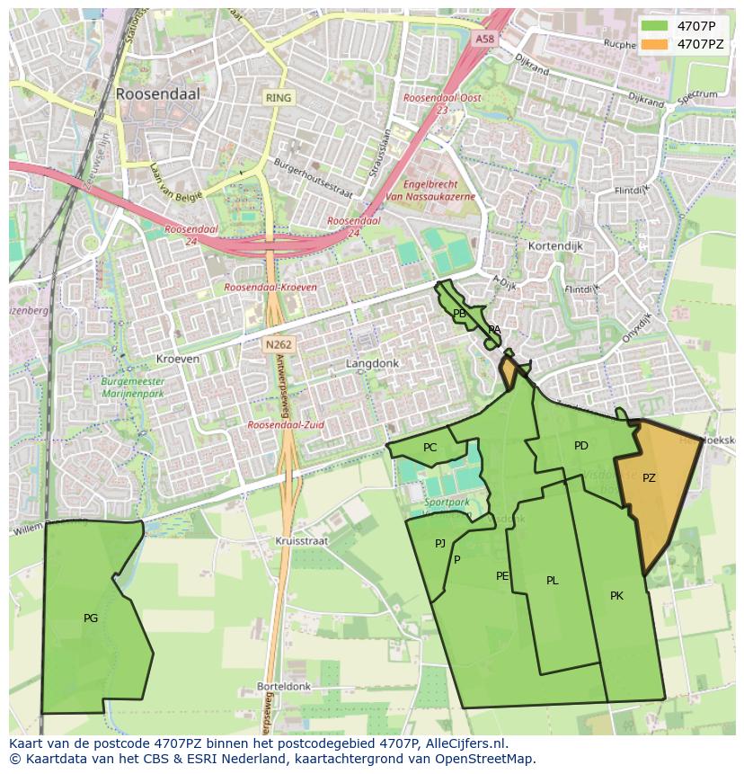 Afbeelding van het postcodegebied 4707 PZ op de kaart.