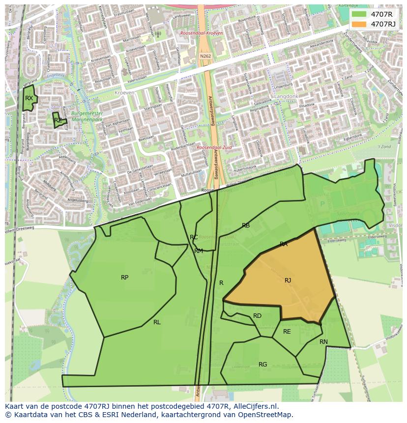 Afbeelding van het postcodegebied 4707 RJ op de kaart.