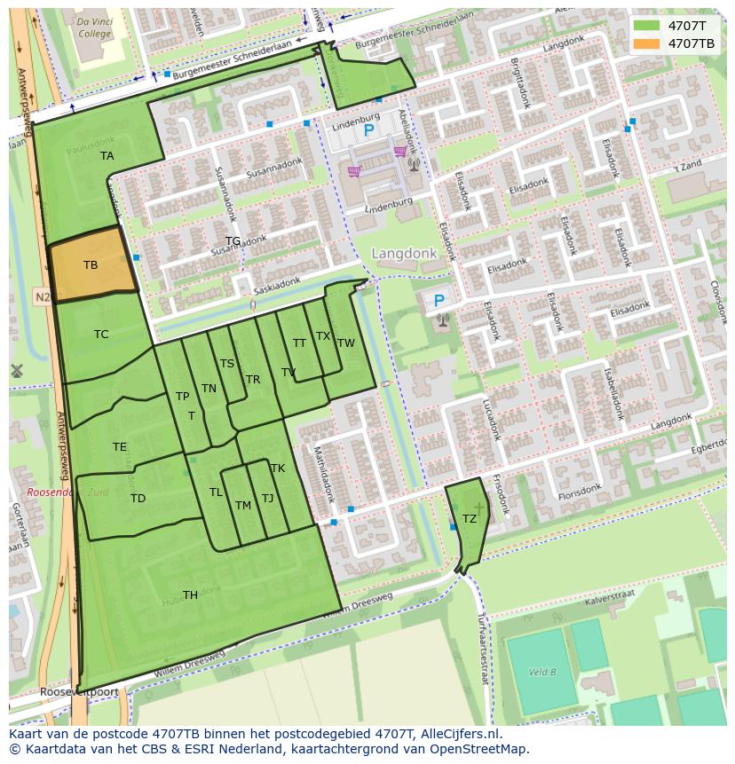 Afbeelding van het postcodegebied 4707 TB op de kaart.