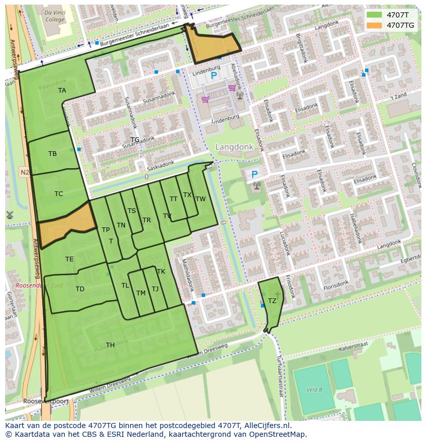 Afbeelding van het postcodegebied 4707 TG op de kaart.