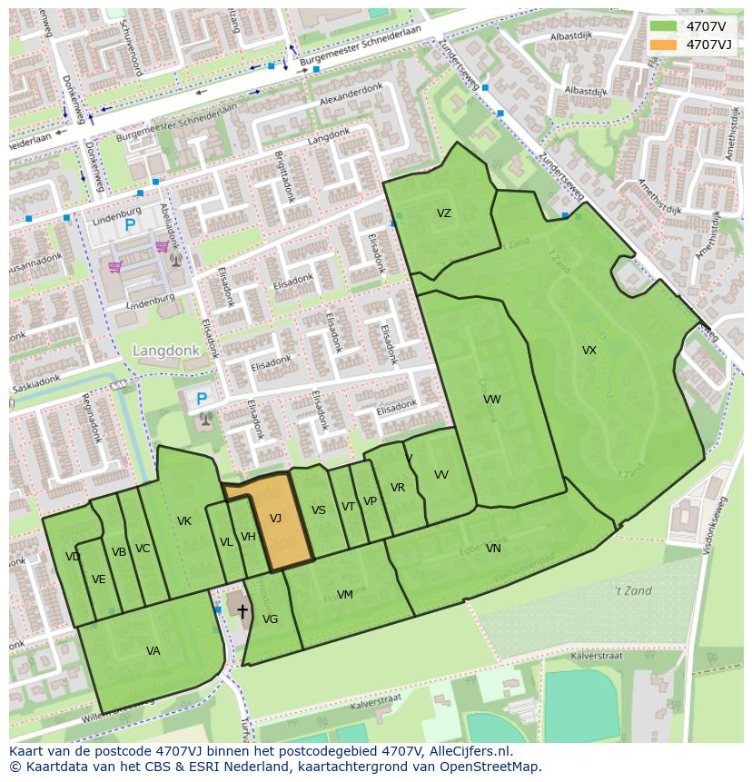 Afbeelding van het postcodegebied 4707 VJ op de kaart.