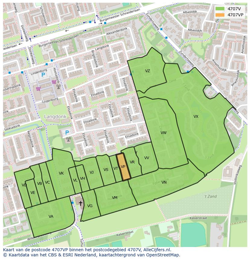Afbeelding van het postcodegebied 4707 VP op de kaart.