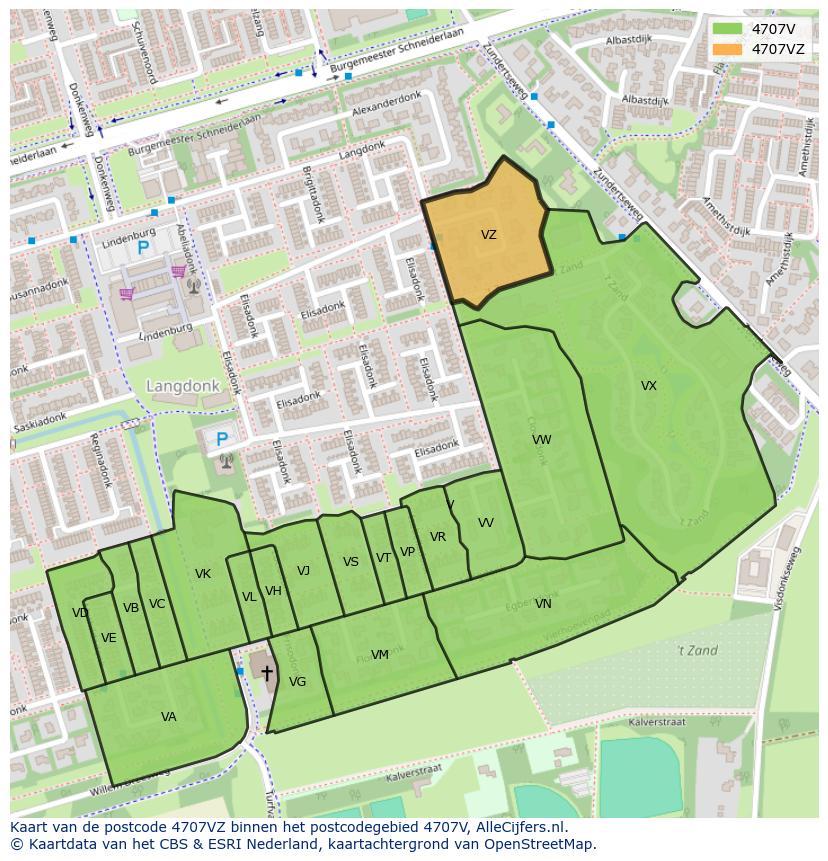 Afbeelding van het postcodegebied 4707 VZ op de kaart.
