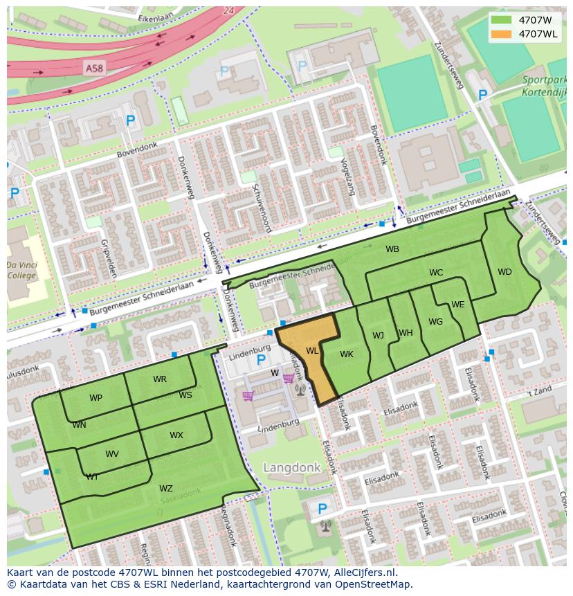 Afbeelding van het postcodegebied 4707 WL op de kaart.