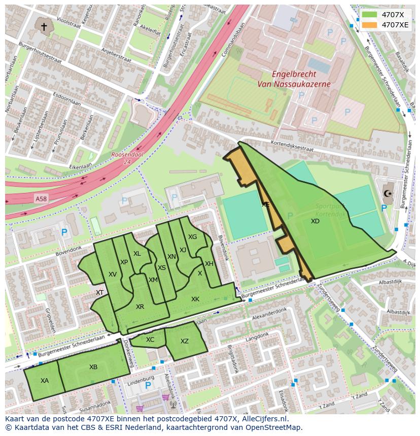 Afbeelding van het postcodegebied 4707 XE op de kaart.