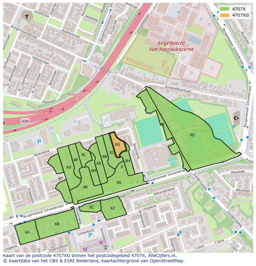 Afbeelding van het postcodegebied 4707 XG op de kaart.