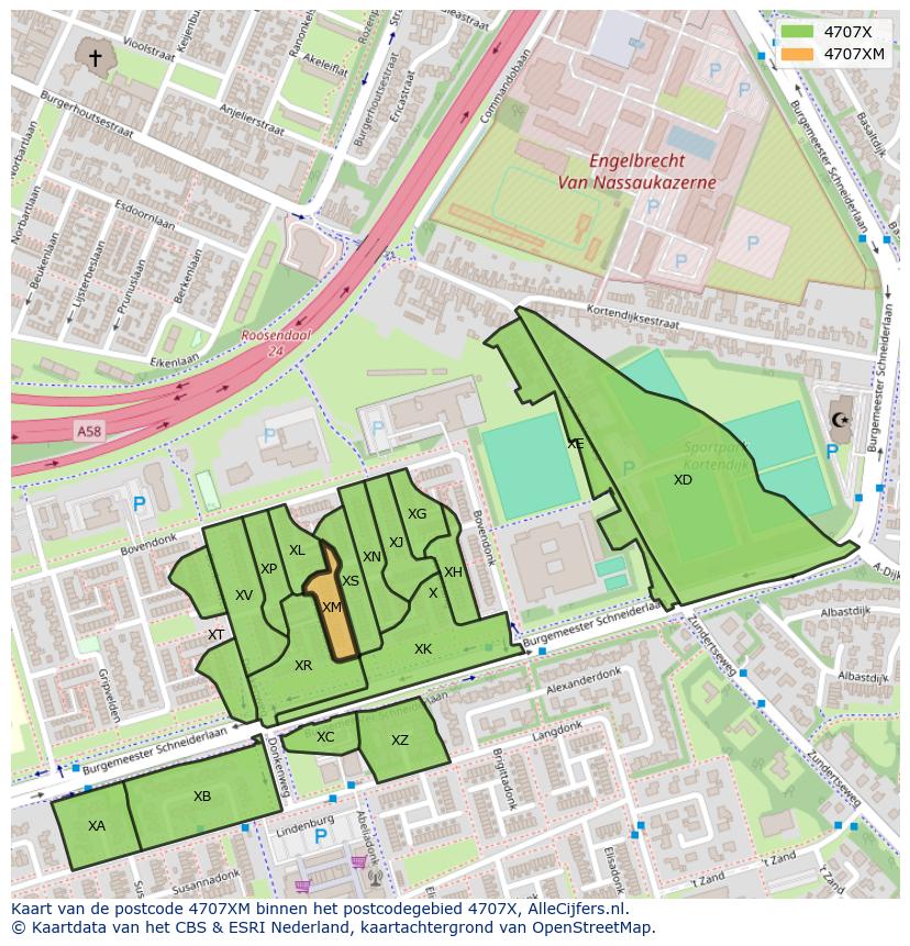 Afbeelding van het postcodegebied 4707 XM op de kaart.
