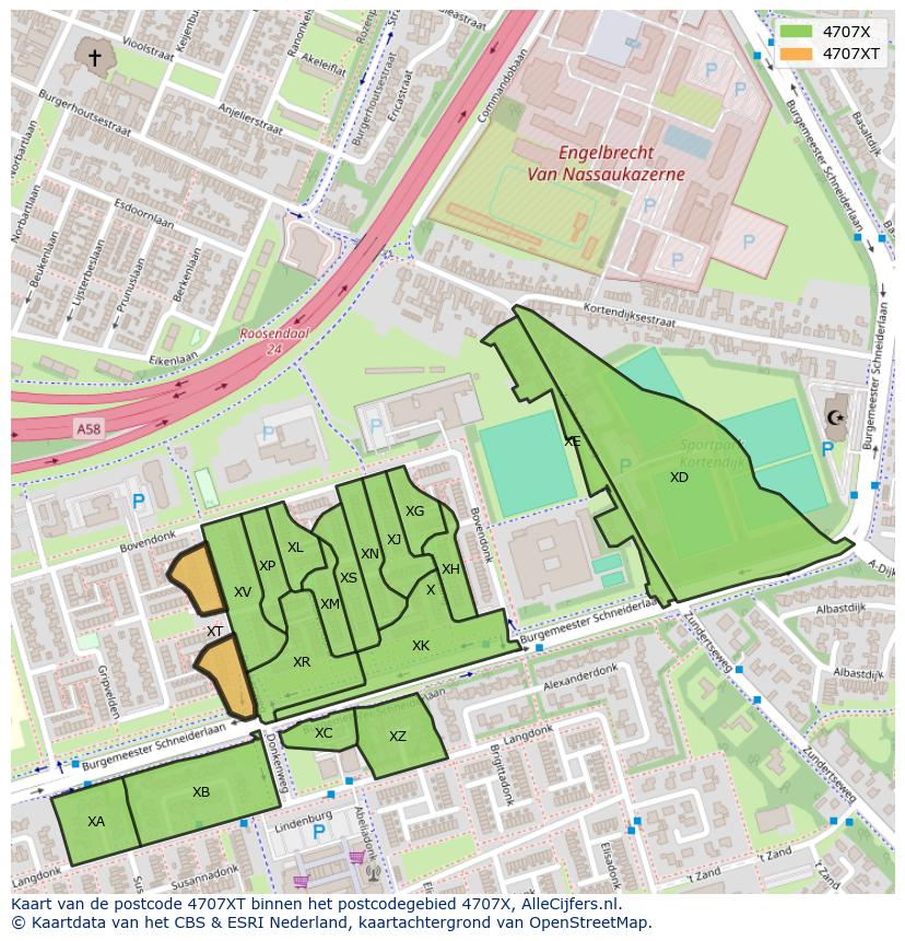 Afbeelding van het postcodegebied 4707 XT op de kaart.