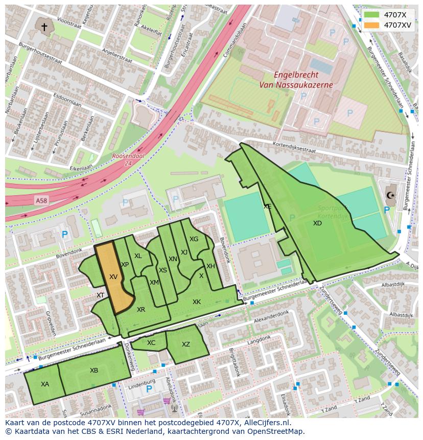 Afbeelding van het postcodegebied 4707 XV op de kaart.