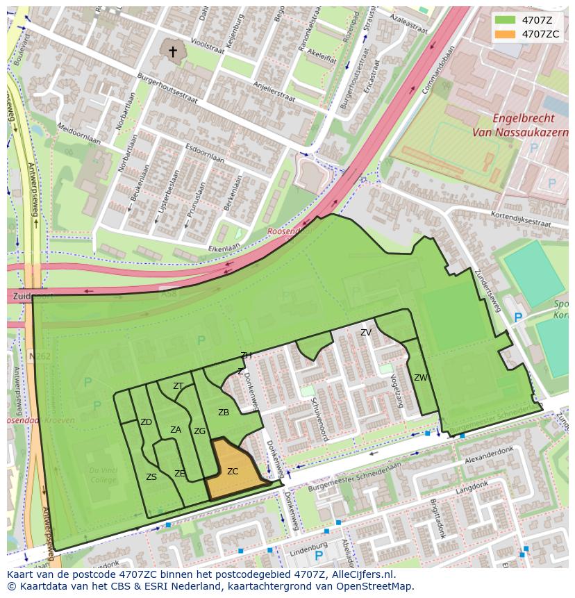 Afbeelding van het postcodegebied 4707 ZC op de kaart.
