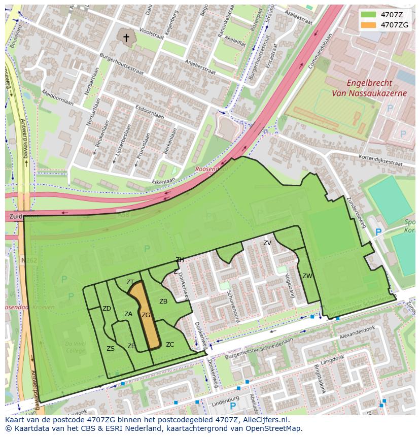 Afbeelding van het postcodegebied 4707 ZG op de kaart.