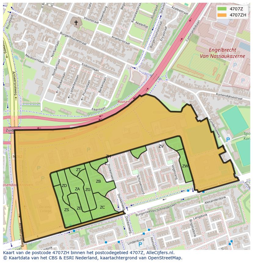 Afbeelding van het postcodegebied 4707 ZH op de kaart.