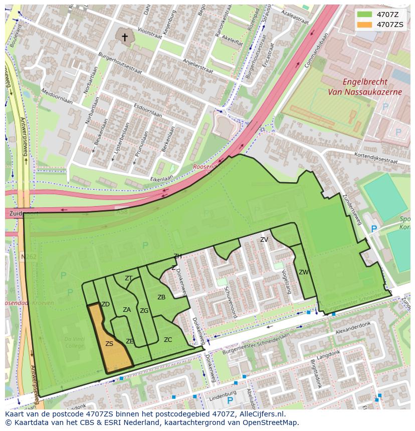 Afbeelding van het postcodegebied 4707 ZS op de kaart.
