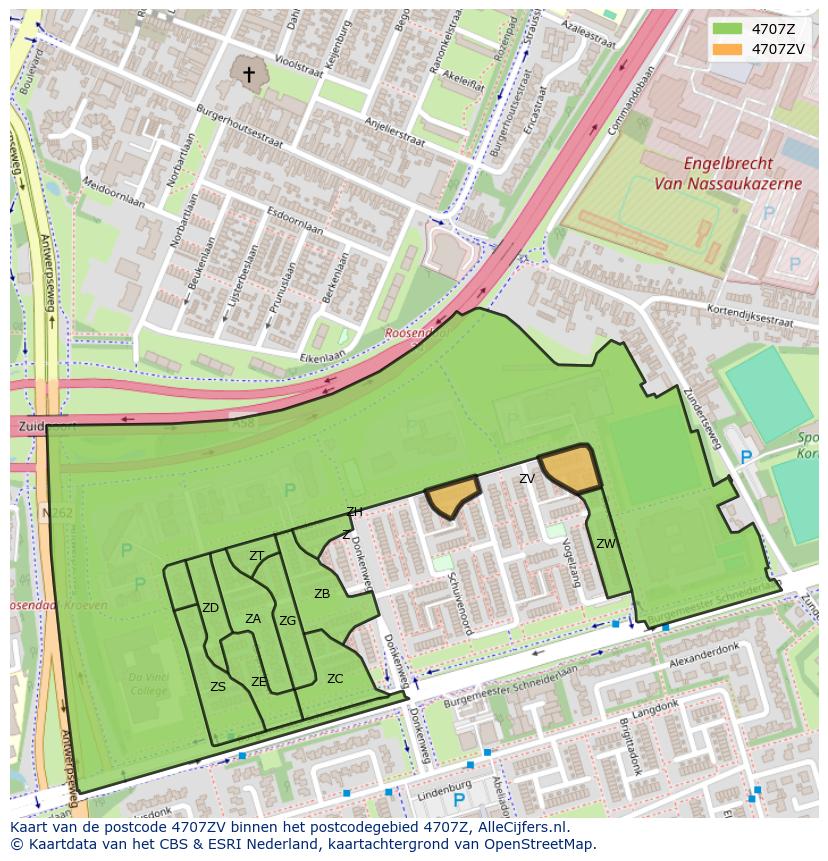 Afbeelding van het postcodegebied 4707 ZV op de kaart.