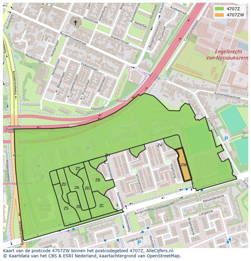 Afbeelding van het postcodegebied 4707 ZW op de kaart.
