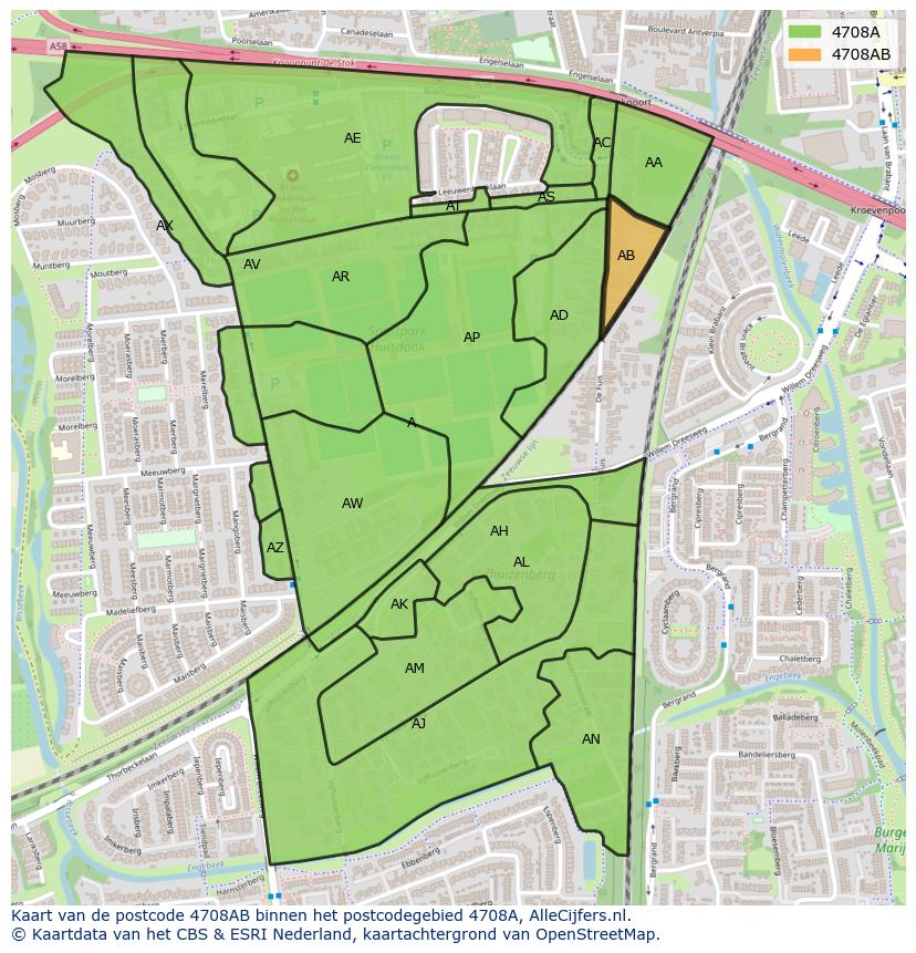 Afbeelding van het postcodegebied 4708 AB op de kaart.