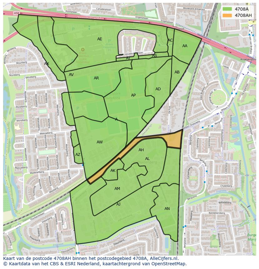 Afbeelding van het postcodegebied 4708 AH op de kaart.