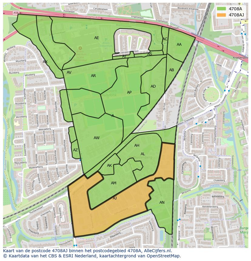 Afbeelding van het postcodegebied 4708 AJ op de kaart.