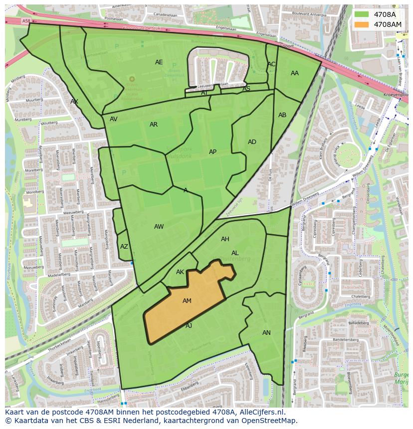 Afbeelding van het postcodegebied 4708 AM op de kaart.