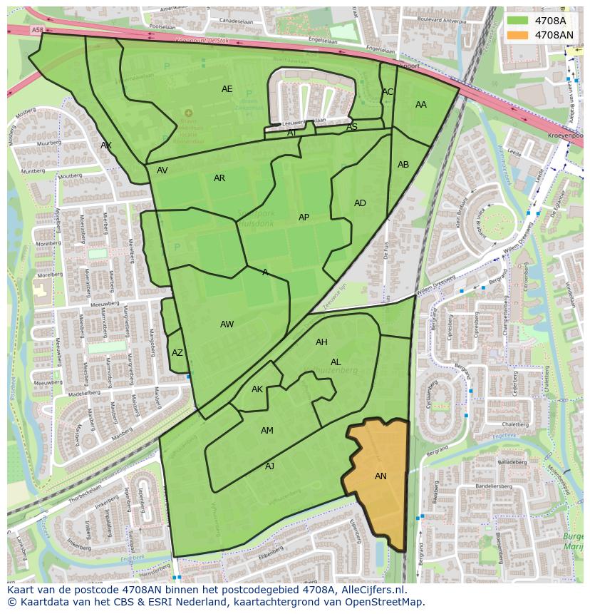 Afbeelding van het postcodegebied 4708 AN op de kaart.