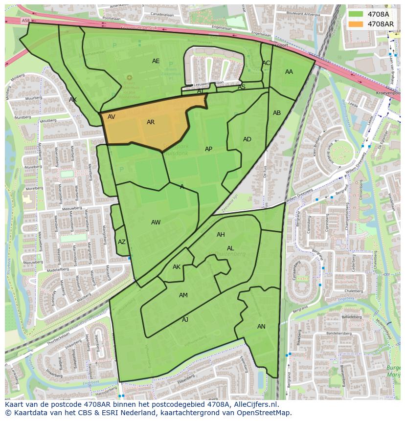 Afbeelding van het postcodegebied 4708 AR op de kaart.