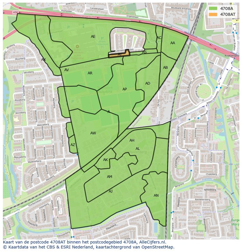 Afbeelding van het postcodegebied 4708 AT op de kaart.