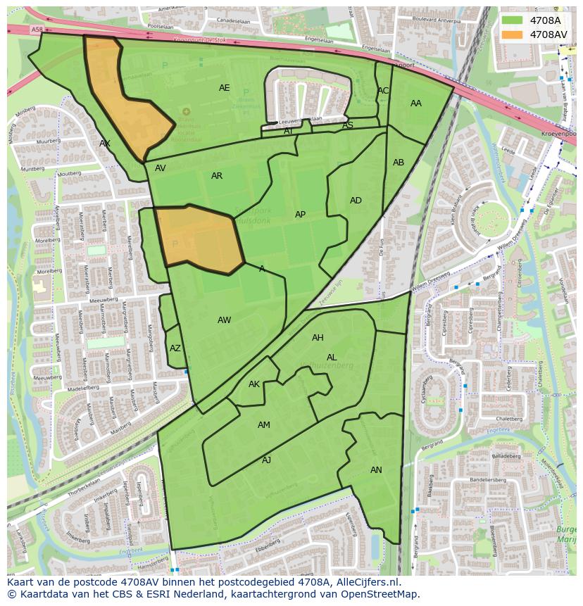 Afbeelding van het postcodegebied 4708 AV op de kaart.