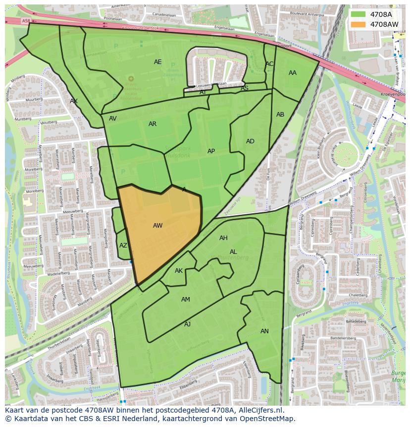 Afbeelding van het postcodegebied 4708 AW op de kaart.
