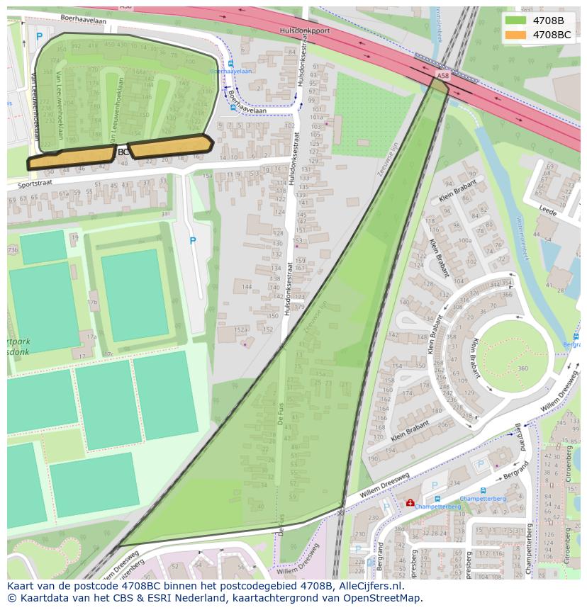 Afbeelding van het postcodegebied 4708 BC op de kaart.