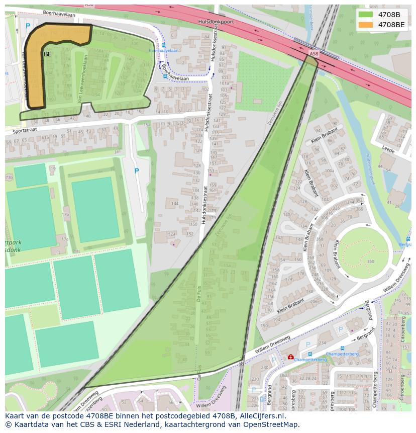 Afbeelding van het postcodegebied 4708 BE op de kaart.