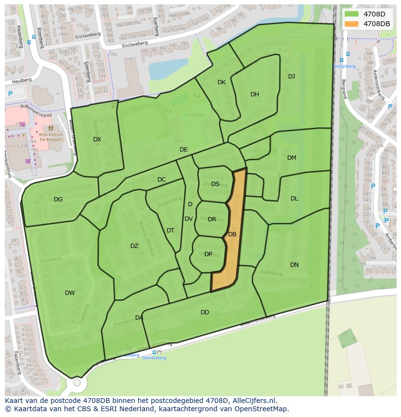 Afbeelding van het postcodegebied 4708 DB op de kaart.