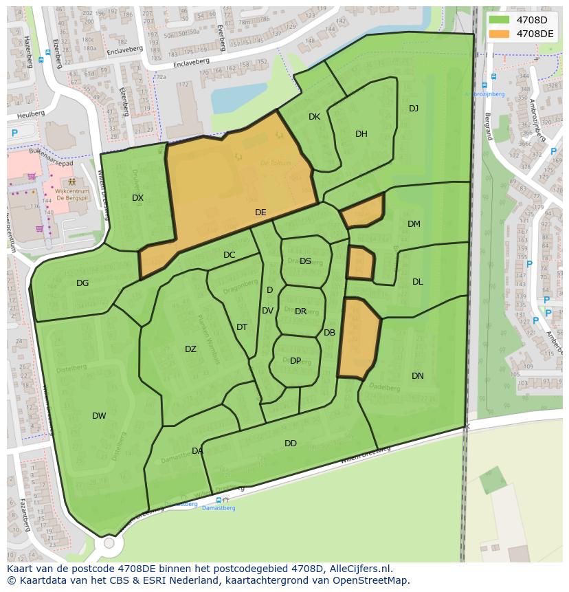 Afbeelding van het postcodegebied 4708 DE op de kaart.