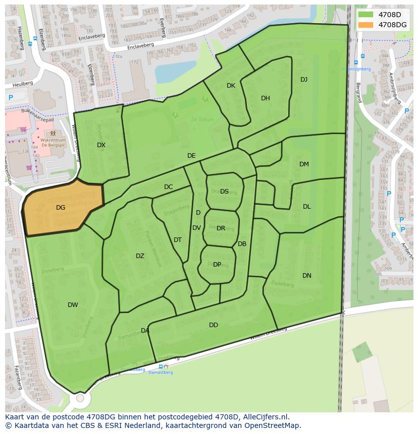 Afbeelding van het postcodegebied 4708 DG op de kaart.