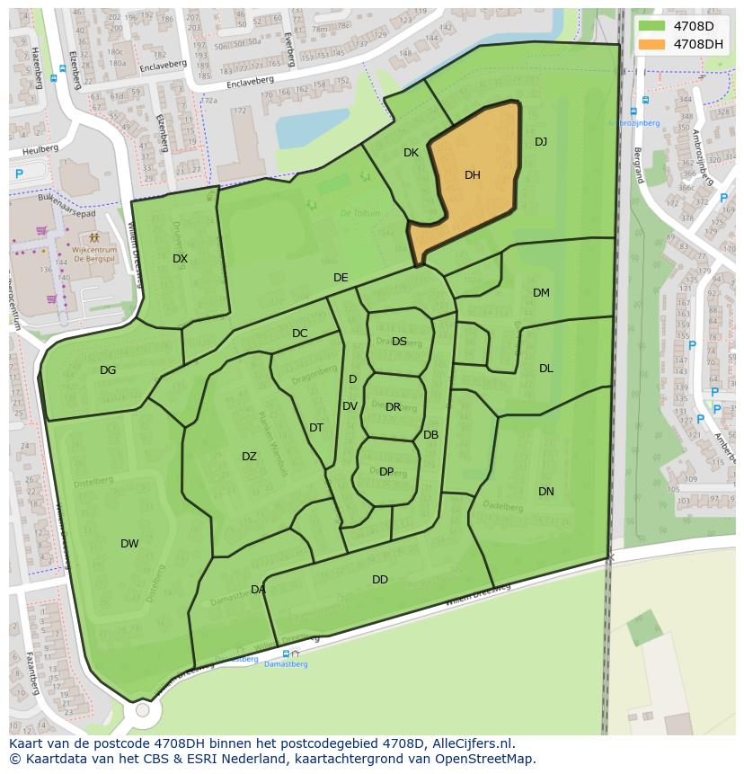 Afbeelding van het postcodegebied 4708 DH op de kaart.