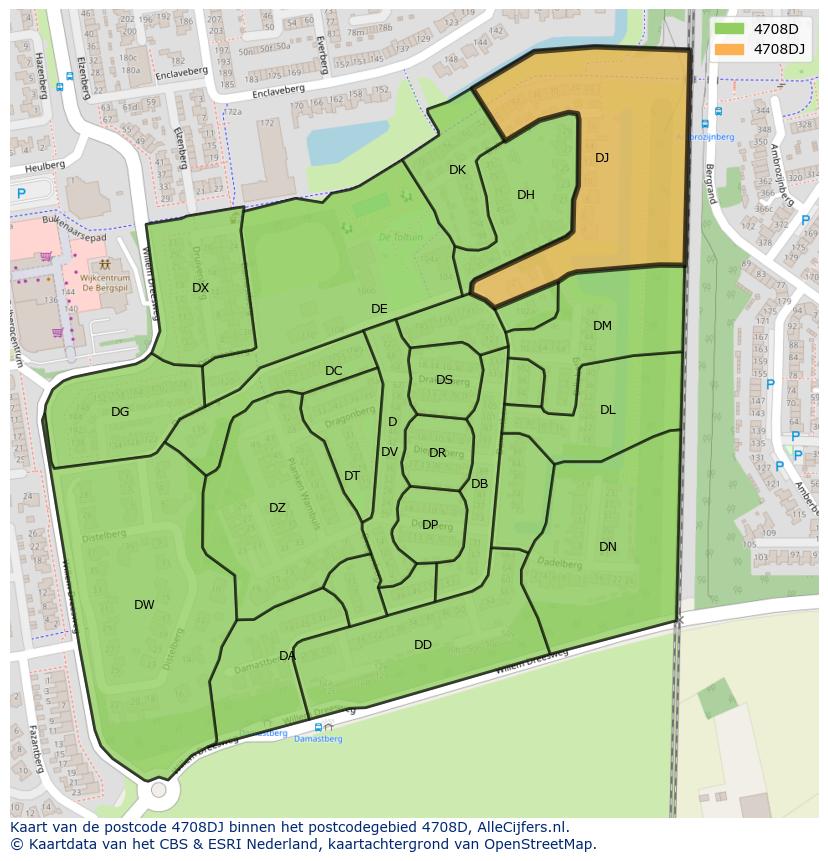 Afbeelding van het postcodegebied 4708 DJ op de kaart.