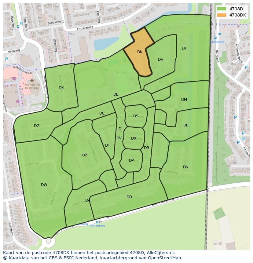 Afbeelding van het postcodegebied 4708 DK op de kaart.
