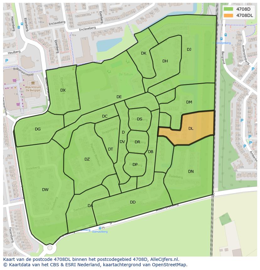 Afbeelding van het postcodegebied 4708 DL op de kaart.