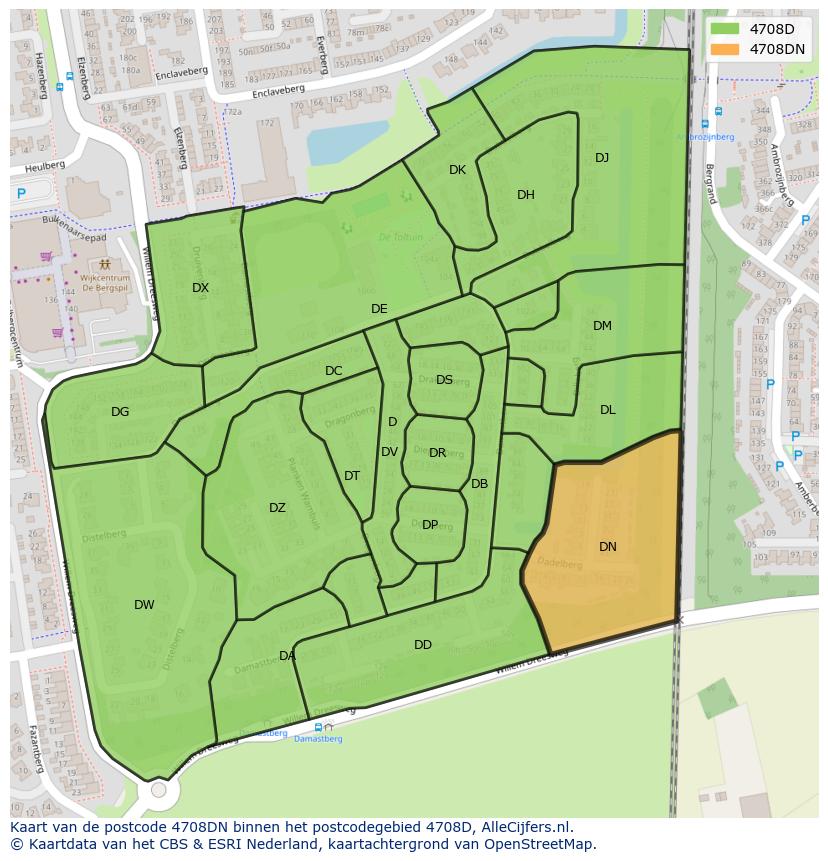 Afbeelding van het postcodegebied 4708 DN op de kaart.