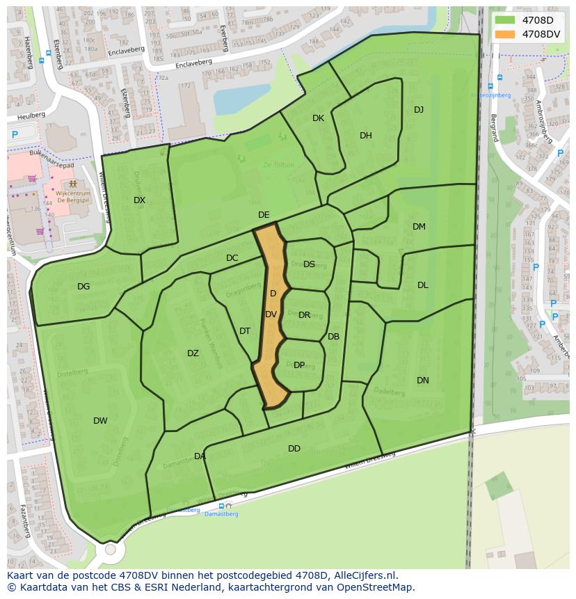Afbeelding van het postcodegebied 4708 DV op de kaart.
