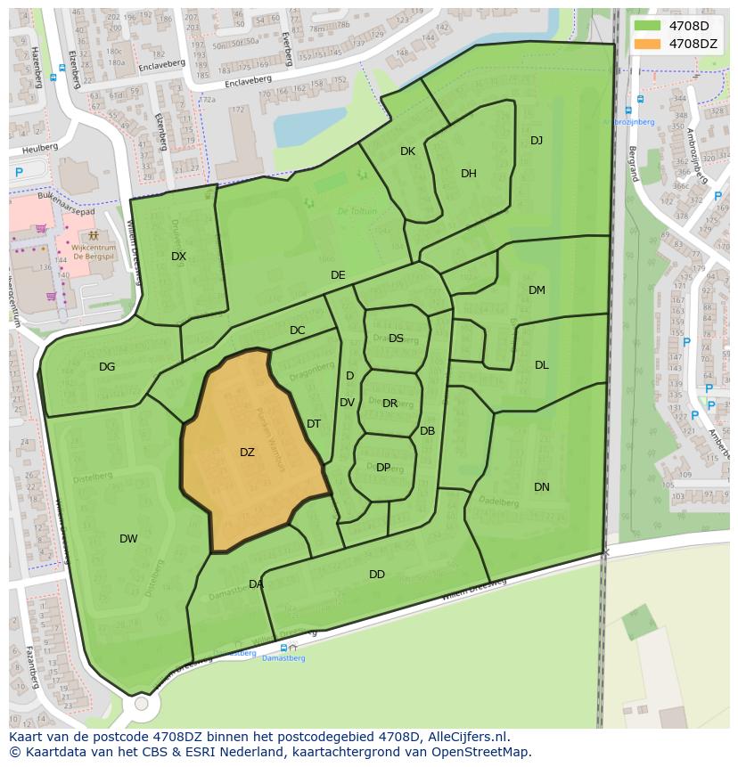 Afbeelding van het postcodegebied 4708 DZ op de kaart.