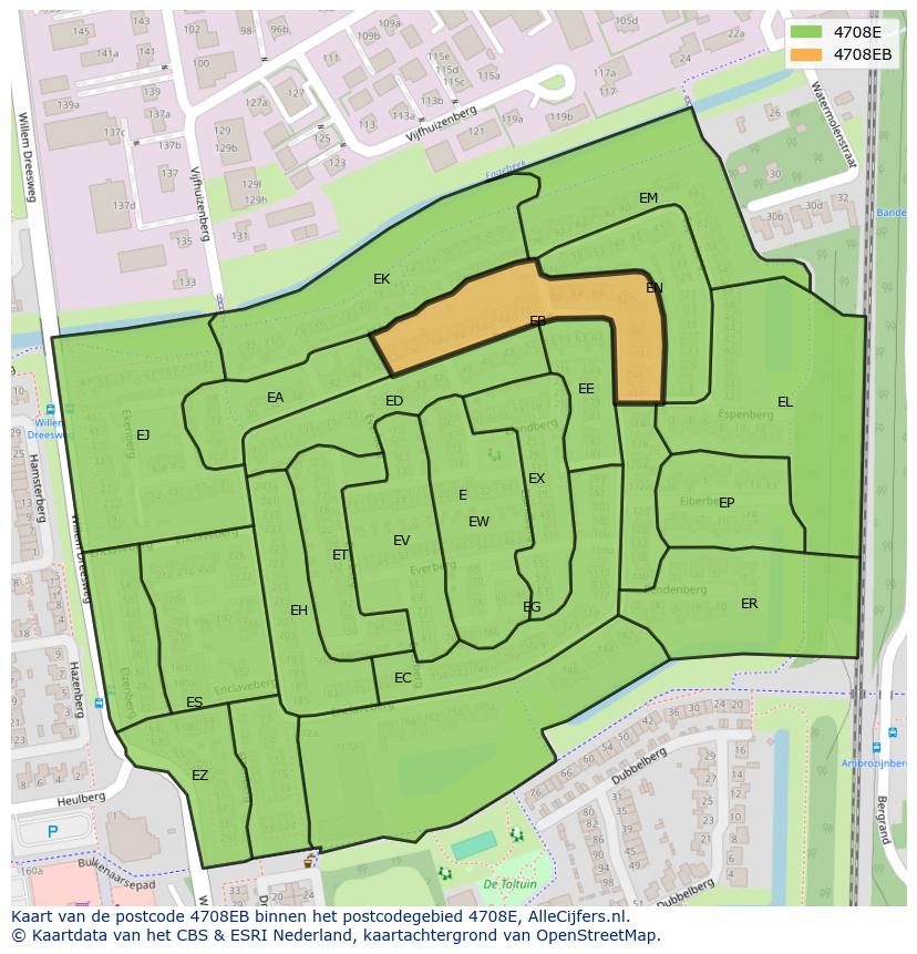 Afbeelding van het postcodegebied 4708 EB op de kaart.