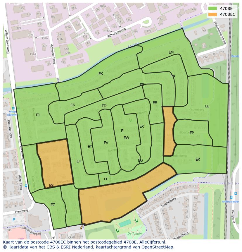 Afbeelding van het postcodegebied 4708 EC op de kaart.