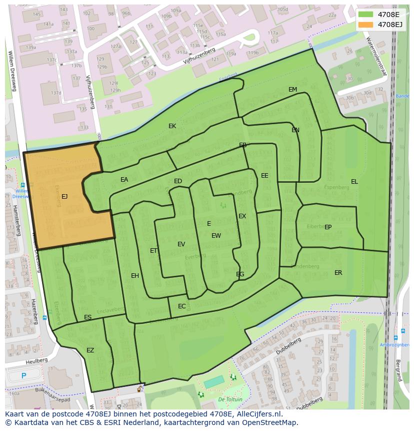 Afbeelding van het postcodegebied 4708 EJ op de kaart.