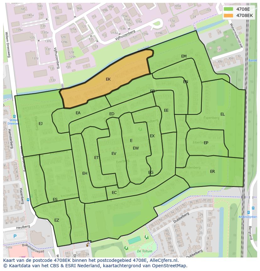 Afbeelding van het postcodegebied 4708 EK op de kaart.
